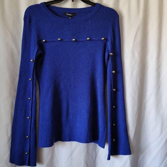 NEW Relativity Sweater Cobalt Blue Y2K gold buttons Sz M Y2K ribbed bold NWT - Picture 1 of 9